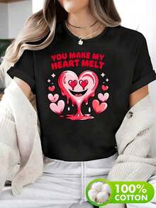 Plus Size Women's Clothing, 'You Make My Heart Melt' Pattern T-Shirt - Casual Black Crew Neck Short Sleeve T-Shirt With Playful Heart Design, Suitable For Spring And Summer, Heart-Shaped T-Shirt - 黑色 - 查看 6
