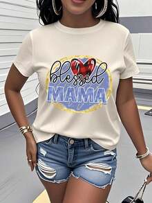 Women's "Blessed Mom" T-Shirt - Short Sleeve Crew Neck With "Blessed To Be Your Mom" Design, Casual Maternity Gift For Mom, Comfortable And Machine Washable Clothing - 杏 - 查看 7