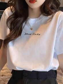Made In Japan, Spring/Summer Cotton Short Sleeve T-Shirt, Round Neck, Loose Fit, Versatile, With Simple English Letter Print - White - View 6
