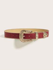 1pc Women's Heavy Beaded Edged Red Western Style Belt, Suitable For Cowgirl - Red - View 2