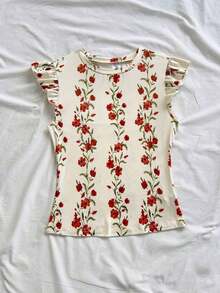 Camiseta de manga corta con estampado floral casual para mujer, de verano - Multicolor - Ver 3