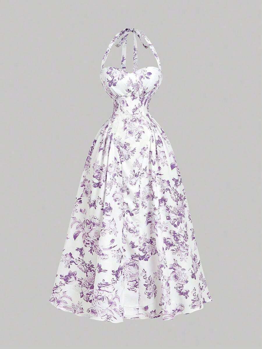 Vestido midi romántico de mujer con estampado floral y escote de halter - Morado Violeta - Ver 1