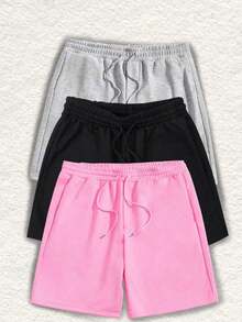 3 piezas Pantalones cortos deportivos casuales de cintura elástica y cordón de unicolor - Multicolor 2 - Ver 3