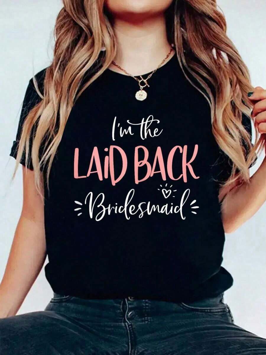 100% Cotton Relaxed Bridesmaid T-Shirt, Fun Matching T-Shirt For Bachelorette Party, Casual Short Sleeve Graphic Print T-Shirt, Black Graphic Tees For Women - 黑色 - 查看 1
