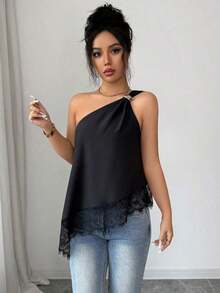 Blusa de mujer nueva para verano, con dobladillo asimétrico y adorno de encaje, blusa negra con hebilla metálica, blusa ajustada con hombros asimétricos y adorno de encaje lujoso, blusa sin mangas sexy, adecuada para fiestas, citas, cócteles, ocasi - Negro - Ver 6