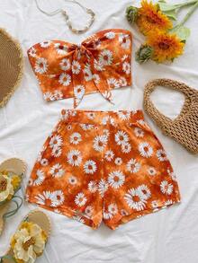 2 piezas Conjunto de top corto a rayas y shorts de cintura alta para mujer, adecuado para vacaciones, citas, té de la tarde, playa, crucero, viaje a la ciudad, festival de música, estilo bohemio de playa - Amarillo 2 - Ver 7
