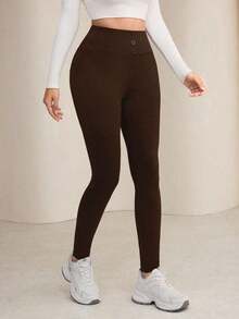 Leggings de cintura alta de unicolor cómodos y casuales para mujer - Café integral - Ver 5
