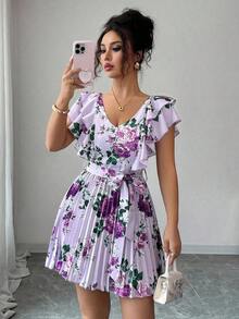 Vestido elegante y romántico para vacaciones con cuello en V con volantes, cintura ceñida y estampado de lunares en forma de línea A para mujeres - Multicolor 9 - Ver 1
