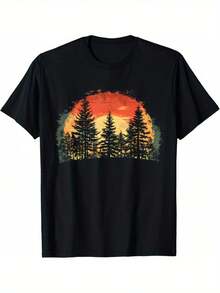 Camiseta con Estampado Retro Bohemio de Atardecer en un Bosque de Pinos |   100%, Unisex, Corte Regular, Manga Corta, Cuello Redondo, Comodidad para Todas las Temporadas, Tela Transpirable, Diseño Inspirado en la Naturaleza, Ropa Casual Diaria para Amantes de la Naturaleza al Aire Libre - Negro - Ver 1