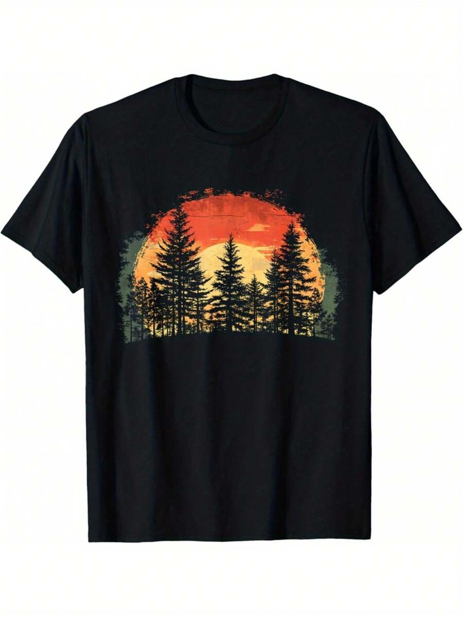 Camiseta con Estampado Retro Bohemio de Atardecer en un Bosque de Pinos | 100%, Unisex, Corte Regular, Manga Corta, Cuello Redondo, Comodidad para Todas las Temporadas, Tela Transpirable, Diseño Inspirado en la Naturaleza, Ropa Casual Diaria para Amantes de la Naturaleza al Aire Libre - Negro - Ver 1