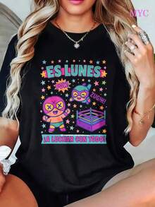 MYNOVA C Camiseta de Suave para Mujer Talla Grande con Divertido Estampado de Lucha Libre, Estrellas Coloridas y Palabras de Poder, Perfecta para Fans de la Cultura Mexicana y Entusiastas de la Lucha Libre, Gran Regalo para el Día de la Madre o Cinco de Mayo, Ropa Casual de Moda para Mujer, Vestidos de Mujer de Verano Casual, Perfecta para Todas las Estaciones, Tallas S - XXL - Negro - Ver 2
