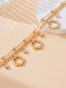 1 chiếc vòng chân nhiều lớp mặt dây chuyền hình cỏ ba lá rỗng, thanh lịch, sang trọng dành cho nữ (Do cắt thủ công, số lượng hạt trên dây có thể thay đổi, nhưng chiều dài cuối cùng vẫn giữ nguyên) - Vàng - Xem 2