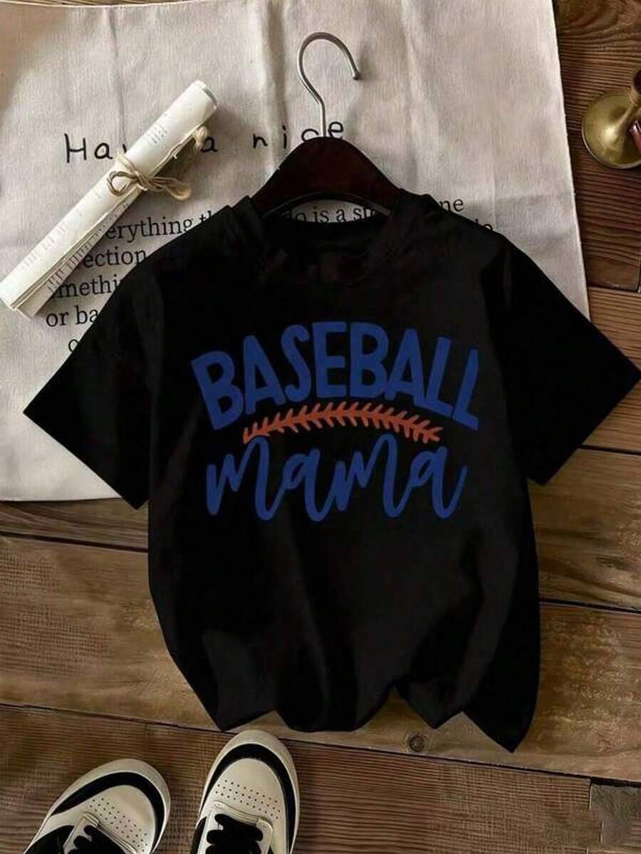 Camiseta negra de manga corta y cuello redondo para mujer, ideal como regalo para mamá, confeccionada en tejido de punto ligeramente elástico para un ajuste perfecto.