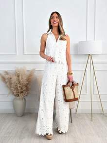 Conjunto blusa tirantes cuello V bordado calado pantalones rectos holgados - Blanco - Ver 5