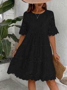 Women's Solid Color Casual Holiday Dress With Openwork Embroidery - Black - View 4