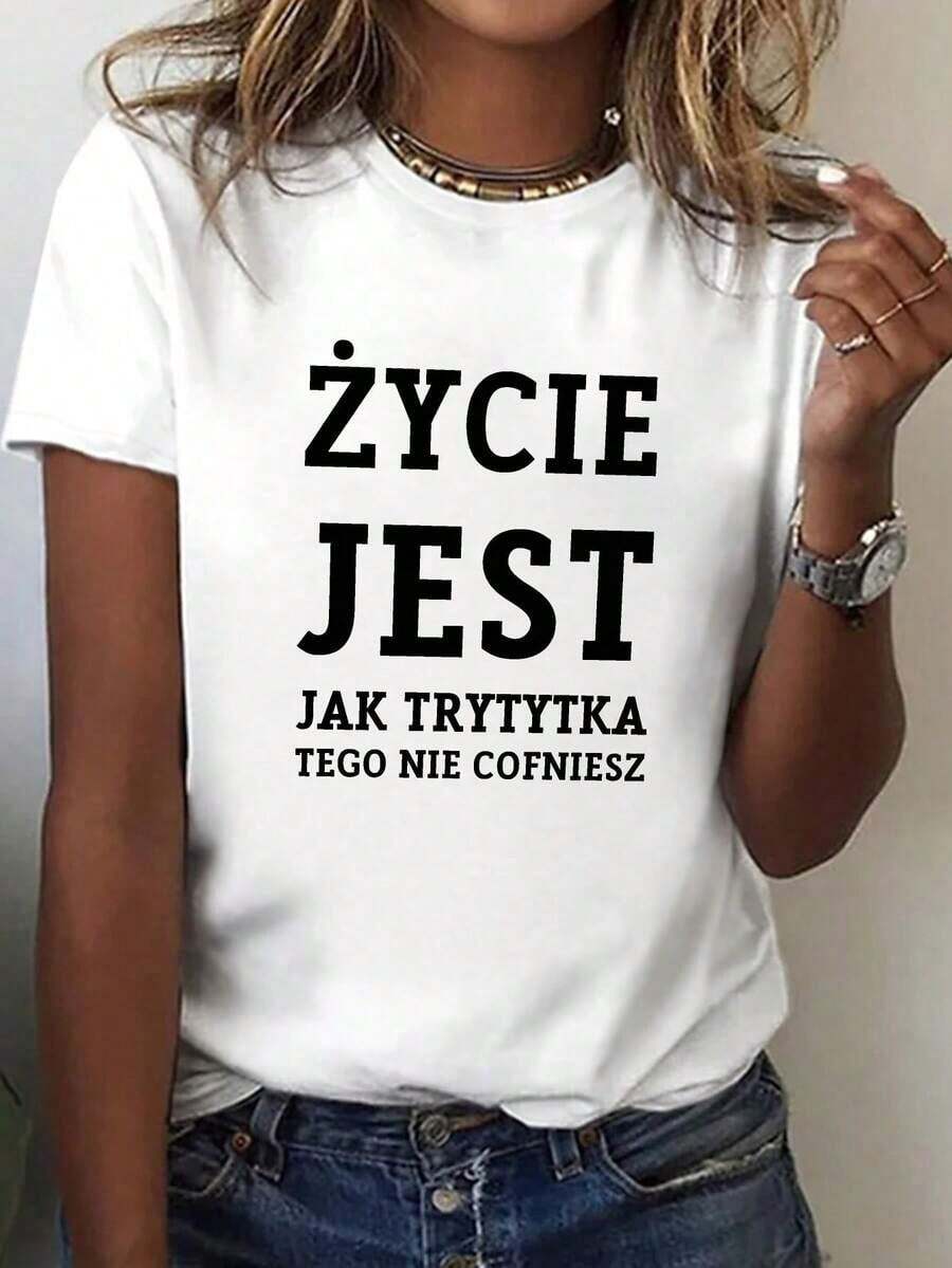 ComfortablePolonia vida impresión camiseta, manga corta cuello de tulación top casual para verano y primavera, ropa de mujerLoose Versatile Short Sleeve T-shirt for Women