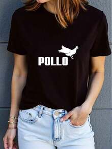ComfortableCamiseta con Estampado POLLOI - Ropa deportiva casual de verano de manga corta, suave, transpirable y cómoda, hecha de una mezcla de poliéster, fácil de cuidar, de secado rápido, - Negro - Ver 8
