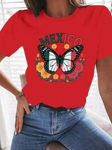 ComfortableCamisetas Ligeras con Estampado Gráfico para Mujer - Diseño de Bandera Mexicana y Mariachi - Camiseta de manga corta con cuello redondo 100% cómoda, con letras mexicanas y diseño de sombrero - Prenda cultural mexicana vibrante, adecuada para uso diario y eventos temáticos - Arte geométrico de mariposas y colores de la bandera mexicana - Lavable a máquina, apta para todas las estaciones - Corte holgado para mujer, blusas y camisas para mujer, camisetas para mujer, blusas y camisas para mujer, ropa de moda para mujer, camisetas para mujer, ropa de mujer 100% algodón, éxito de . Camiseta Holgada y Versátil de Manga Corta para Mujer - Rojo - Ver 11