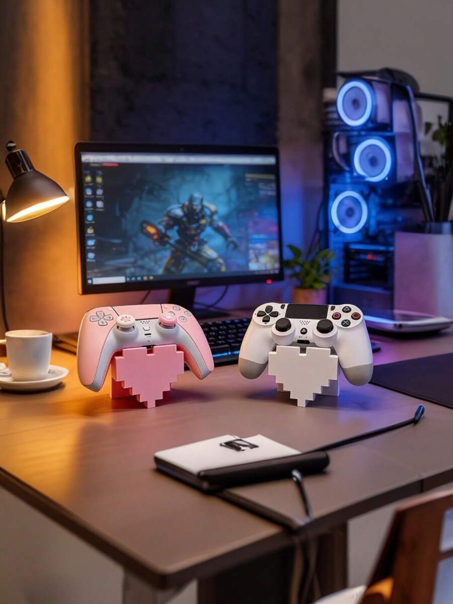 Game Controller Stand Desktop Controller Storage Rack Cute Pixel Heart Handle Display Stand Game Controller Holder Gaming Desktop Accessories Gaming Room Decor Kawaii Esports Setup Perfect Gift For Boyfriend/Girlfriend Gamer Christmas Or Halloween