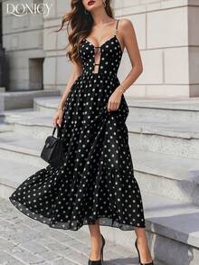 DONICY Vestido largo sin mangas con cintura calada y lunares negros para mujer, atuendo elegante para uso casual en primavera y verano - Negro - Ver 7
