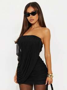 Vestido Mini Ajustado Sin Mangas con Pliegues, Estilo Elegante Color Sólido - Negro - Ver 2