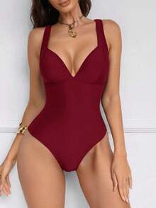 Traje de baño de una pieza con control de abdomen y push-up, con parches de color marrón, cordón de ajuste elegante y sexy, para fiestas y piscina - Burdeos 2 - Ver 8