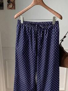 Pantalones casuales de mujer de lunares amarillos tejidos - Azul marino - Ver 4