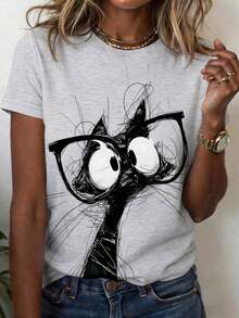 Camiseta de mujer de manga corta con cuello redondo y estampado de dibujos animados, versátil para uso diario - Multicolor 5 - Ver 6