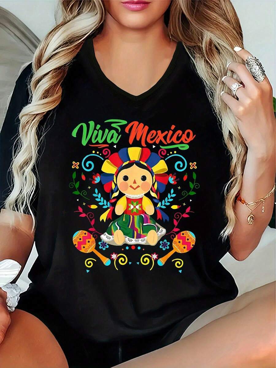 Women's Viva Mexico Graphic Tee - Vibrant Folk Art Design With Colorful Doll And Traditional Mexican Patterns, Loose Oversized Fit, 95% Polyester + 5% Spandex, Perfect For Summer Casual Wear | Vibrant Graphic Tee | Comfortable Fit - 黑色 - 查看 1