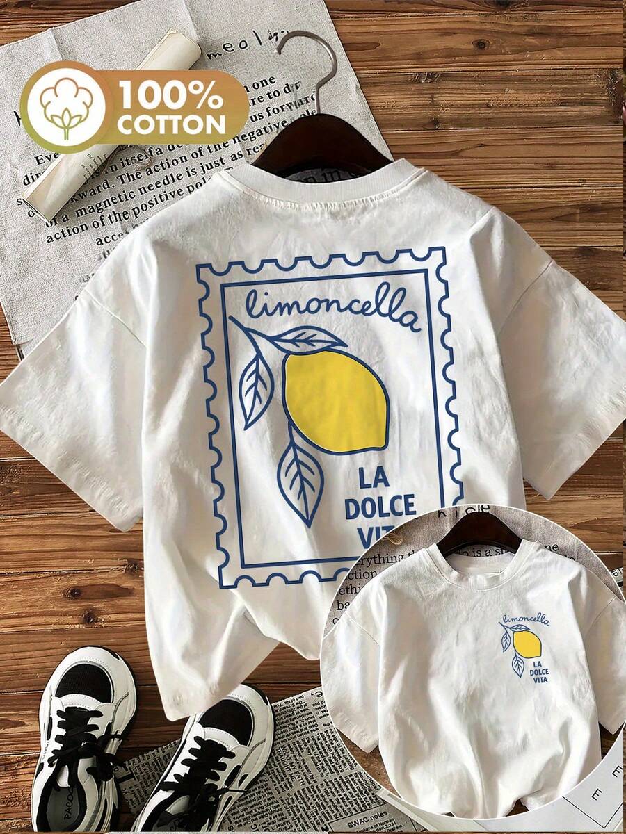 [Impresión a Doble Cara]Camiseta Casual de Primavera y Verano para Mujer, Estilo Estampado, Hoja de Limón, Limonlla, LA, VITA, Camiseta de Manga Corta con Cuello Redondo de Algodón Puro - Estilo Vintage Urbano Unisex, Camiseta Holgada de Algodón de Manga Corta con Cuello Redondo, blusas para mujer. blusas.blusas casuales para dama. - Blanco - Ver 1