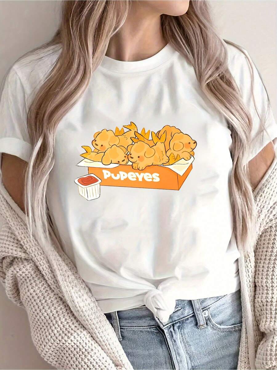 Camiseta de manga corta casual de verano para mujer - Bonito diseño de dibujos animados de camarón y cachorro, cuello redondo, corte holgado, tela suave, lavable a máquina, adecuada para uso diario, diseño cómodo - Camiseta unisex de algodón de manga corta y cuello redondo estilo vintage urbano, blusas para mujer. blusas.blusas casuales para dama. - Blanco - Ver 1