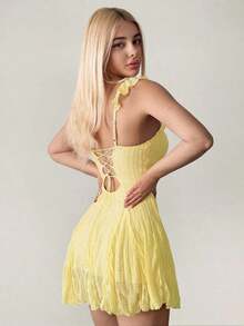 Vestido mini de línea A con parches de encaje, color albaricoque, para verano - Mostaza Amarilla - Ver 1