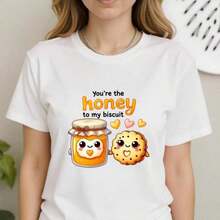 Camiseta Moderna Minimalista "Cariño, mi galleta", Linda Camiseta con Calumbre de Comida Kawaii para Parejas, Casual para el día a día - Blanco - Ver 1