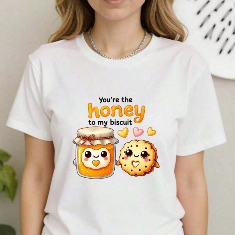 Camiseta Moderna Minimalista "Cariño, mi galleta", Linda Camiseta con Calumbre de Comida Kawaii para Parejas, Casual para el día a día - Blanco - Ver 1