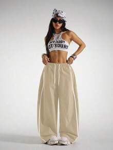 HypeZone Pantalones deportivos casuales de pierna ancha con cintura con cordón - Caqui - Ver 10
