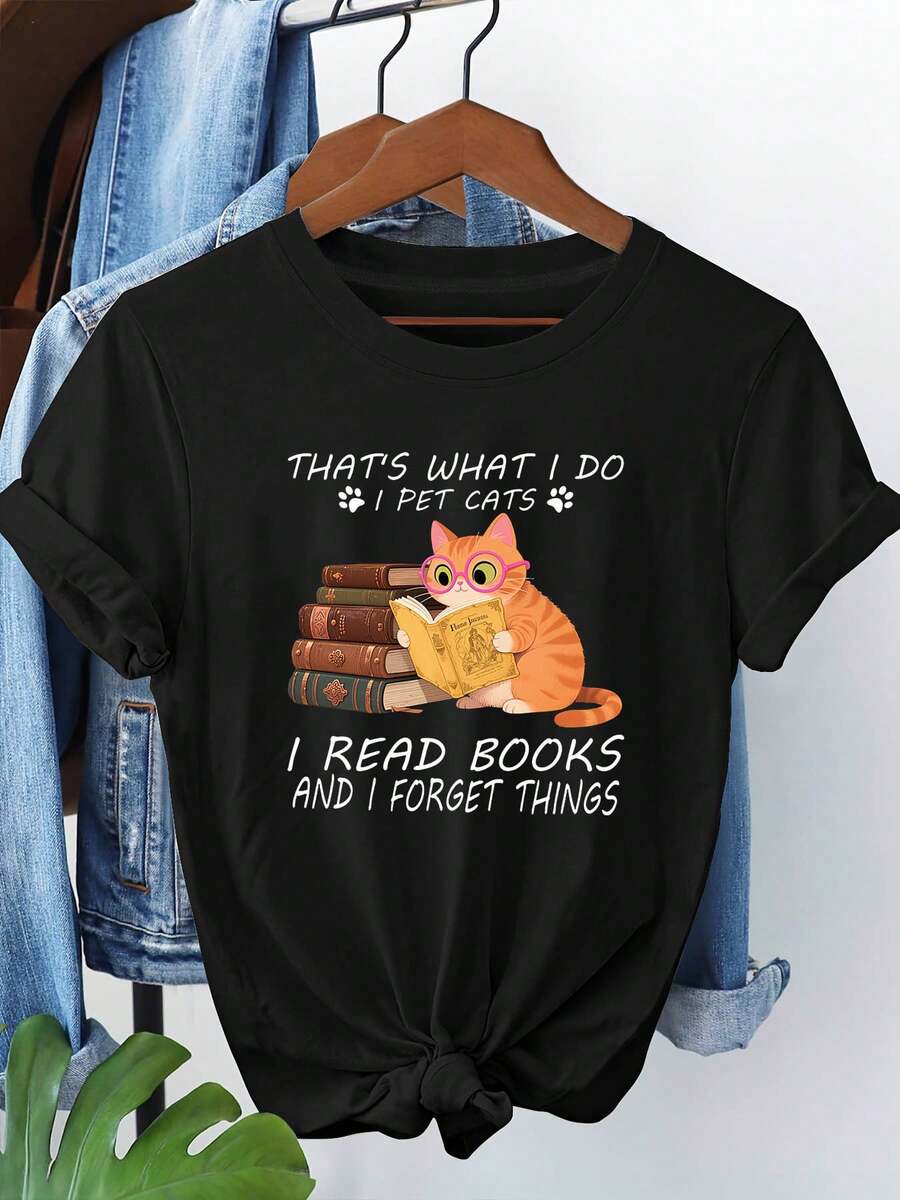 Talla, Camiseta Gráfica para Mujer de Talla con la Frase Eso lo que hago: acariedo gatos y leo libros - Gato Atigrado Leyendo, Manga Corta, Cuello Redondo, Top Casual de Verano y Primavera para Amantes de los Libros y Damas, Atuendo Divertido para Ratones de Biblioteca