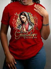 1 Piece Fashion Casual T-Shirt For Men And Women With Religious Print Of The Virgin Of Guadalupe, Catholic Faith Symbol Design, For Outdoor Activities And Casual Wear, Short Sleeve Sport Style For All Seasons - Very Versatile, Easy To Match, For Daily Wear, Urban Style, Holiday Wear, Weekend Wear. - 紅色 - 查看 3