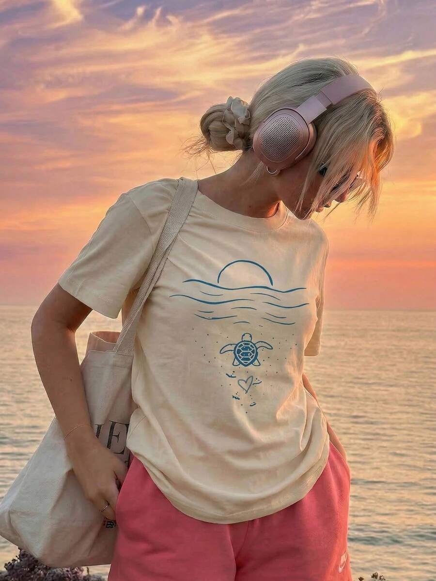 Women's Summer Colorful LOVE Letter Print Drop Shoulder Oversized T-Shirt, Casual Vacation Y2K Aesthetic Streetwear Graphic Tee, Breathable Loose Fit Top For Daily Wear, Beach Trip, Holiday Getaway, Weekend Hangout, Retro Style Comfy Shirt For Viral Fashion Looks & Outfit Ideas - 杏色 - 查看 1