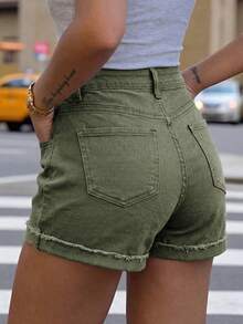Women's Vintage Washed Distressed Denim Shorts - Army Green - View 4