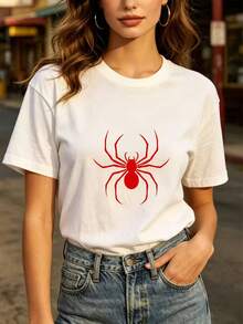 Designed For Modern, Stylish, And Comfortable Women, This 180g Spider-Print Casual Tee Is Ideal For Summer Family Outings And Office Team-Building Activities. It Makes A Perfect Gift For Both Men And Women, With A  Design Perfect For Independence Day Celebrations. Made From Premium Soft And Breathable Fabric, It's Designed For All-Day Comfort And Is Versatile Enough For Everyday Wear, Perfect For Casual Outings. - 白色 - 查看 12