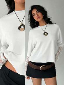 Women's Solid Color T-Shirt With Minimalist Lace Sleeves For Everyday Wear - 白色的 - 查看 8
