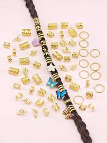 Juego de 65 piezas de anillos para el cabello con mariposas y camelias de colores - Elegantes puños para el cabello, joyería para el cabello estilo bohemio para trenzas y rastas de mujeres, clips para el cabello, pinzas de garra - Dorado - Ver 4