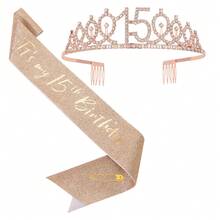 Rose Gold Birthday Crown Strap Set, Rhinestone Number Crown + Glitter Strap, Women's Birthday Party Decor Accessories - Multicolor - View 11