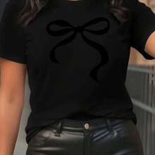 Women's Short-Sleeved Crew Neck T-Shirt With Black Satin Ribbon Design - Sporty And Casual Style, Soft And Breathable, 100% Cotton 180G, Modern And Minimalist, Showing Individuality, Perfect For Casual Pairing - 黑色 - 查看 1