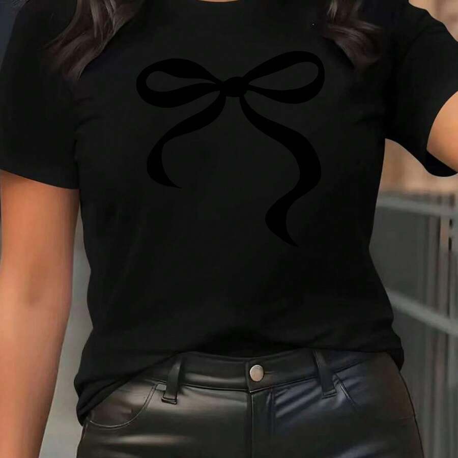Women's Short-Sleeved Crew Neck T-Shirt With Black Satin Ribbon Design - Sporty And Casual Style, Soft And Breathable, 100% Cotton 180G, Modern And Minimalist, Showing Individuality, Perfect For Casual Pairing - 黑色 - 查看 1