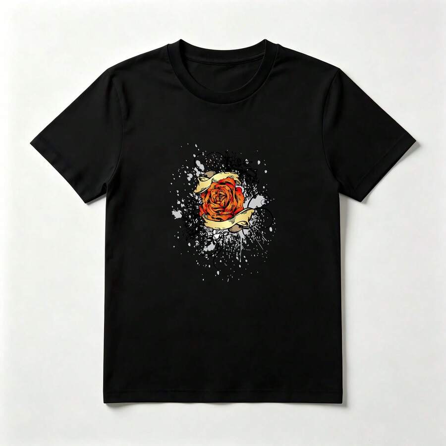 Rosa Naranja Playera de Algodón Negro con Salpicaduras Vintage - Negro - Ver 1