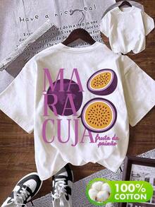 Ropa de mujer de talla grande,Camiseta de manga corta informal de verano con estampado de fruta y letra Mujer camiseta creativa con estampado de fruta, ajuste holgado, cuello redondo, manga corta, primavera-verano, ideal para ocasiones casuales y salidas, categoría de moda. - Blanco - Ver 1
