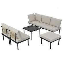 Set Of 6 Garden Lounge Chairs With Galvanized Iron Frame, Rope Garden Furniture Set, Beige Braided Rope, Adjustable Legs, Smooth Glass Tabletop, Includes All Seat And Back Cushions, Beige - 米色 - 查看 8
