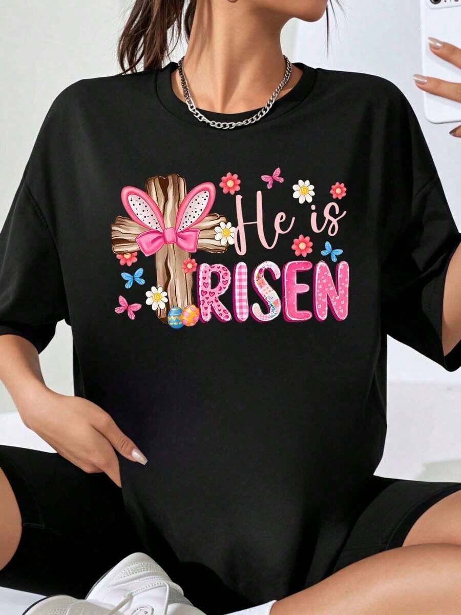Women's Short Sleeve T-Shirt With Rabbit And Easter Cross Design "He Has Risen" Religious Christian Spring Festival Cute Floral Design Easter Outfit For Women Summer T-Shirt. - 黑色 - 查看 1