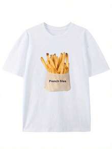 Premium Cotton T-Shirt With Vintage Style And Creative French Fry Print - Casual Crew Neck, Short Sleeve For Summer - 白色 - 查看 1